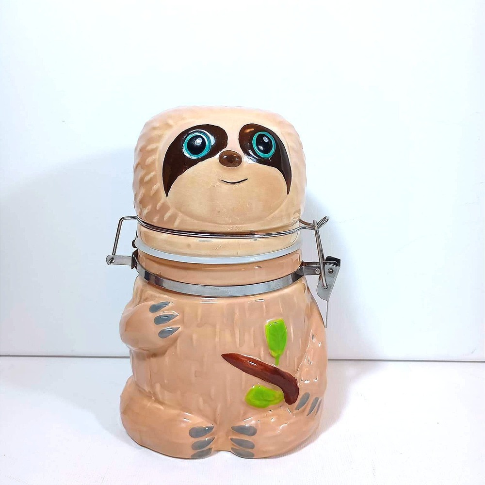 Boston Warehouse Sloth Ceramic Canister Locking Lid Kitchen Storage Jar Tan